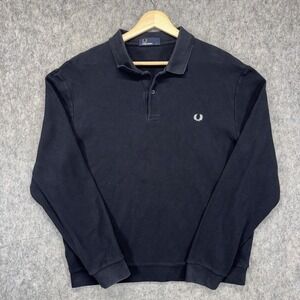 Fred Perry Long Sleeve Henley Polo Rugby Shirt Men's Large Blue Collared